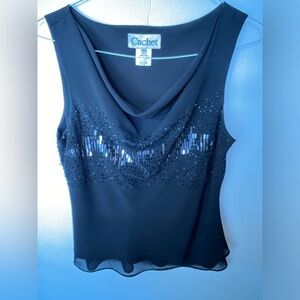 “CACHET” BLACK LAYERED SLEEVELESS DRESSY TOP W/ BEADED FRONT.   SCOOP NECK
